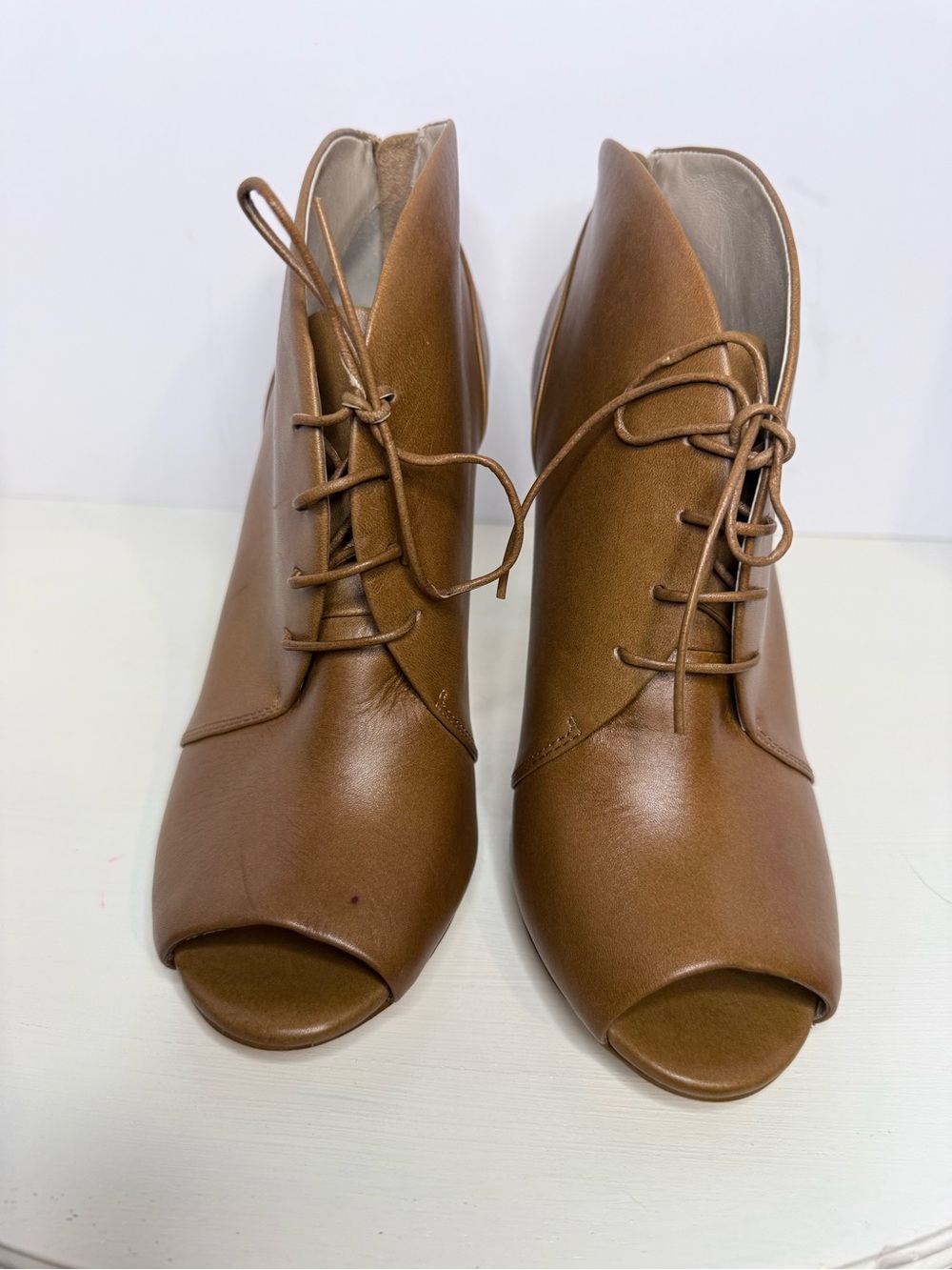 Louise et Cie Tan Brown Leather Open-Toe Lace-Up Ankle Booties Heels 8.5